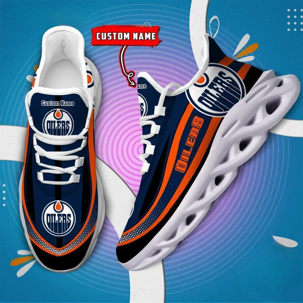 NHL Edmonton Oilers Clunky Max Soul Shoes with Custom Name, Navy and Orange Hockey Sneakers, Game Day Fan Gift, Lace-Up Walking Trainers