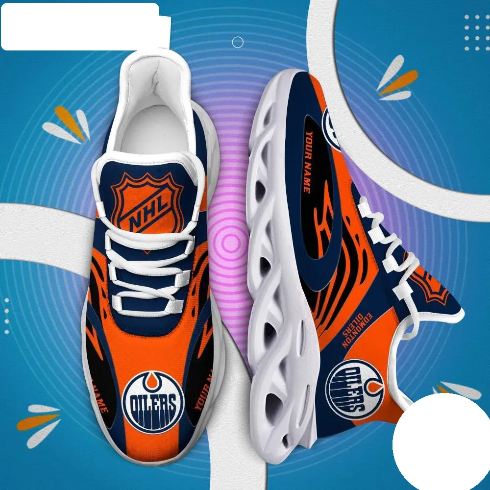 NHL Edmonton Oilers Personalized Max Soul Shoes, Orange and Navy Hockey Sneakers with Your Name, Fan Gift, Chunky Sole Lace-Up Trainers