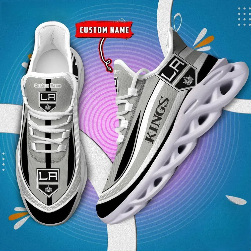 NHL Los Angeles Kings Clunky Max Soul Shoes with Custom Name, Silver and Black Hockey Sneakers, Game Night Fan Gift, Lace-Up Walking Trainers
