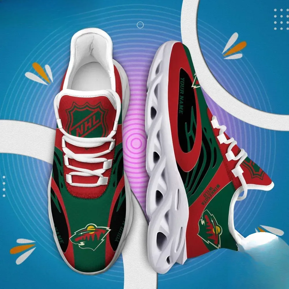 NHL Minnesota Wild Personalized Max Soul Shoes, Custom Name Hockey Fan Sneakers, Red and Green Lace-Up Game Night Gift for Men Women