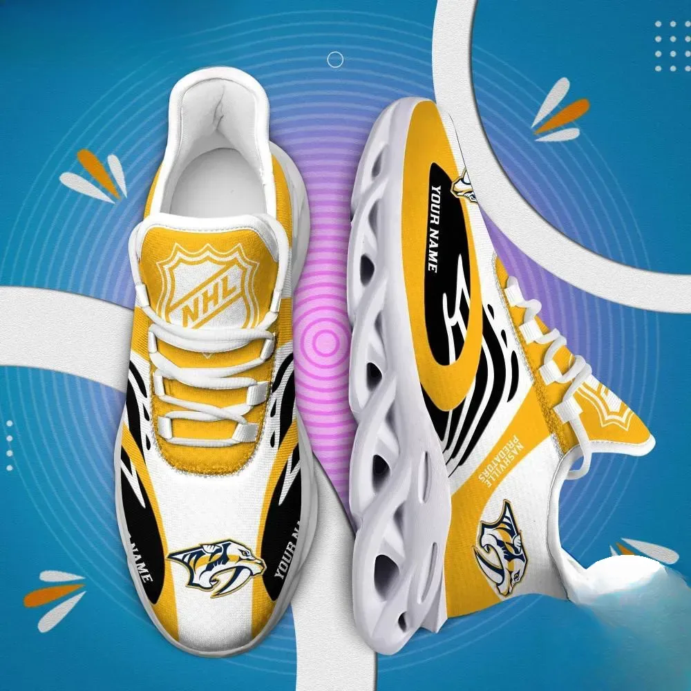 NHL Nashville Predators Personalized Max Soul Shoes, Custom Name Hockey Fan Sneakers, Gold and White Sabertooth Lace-Up Gift for Men Women