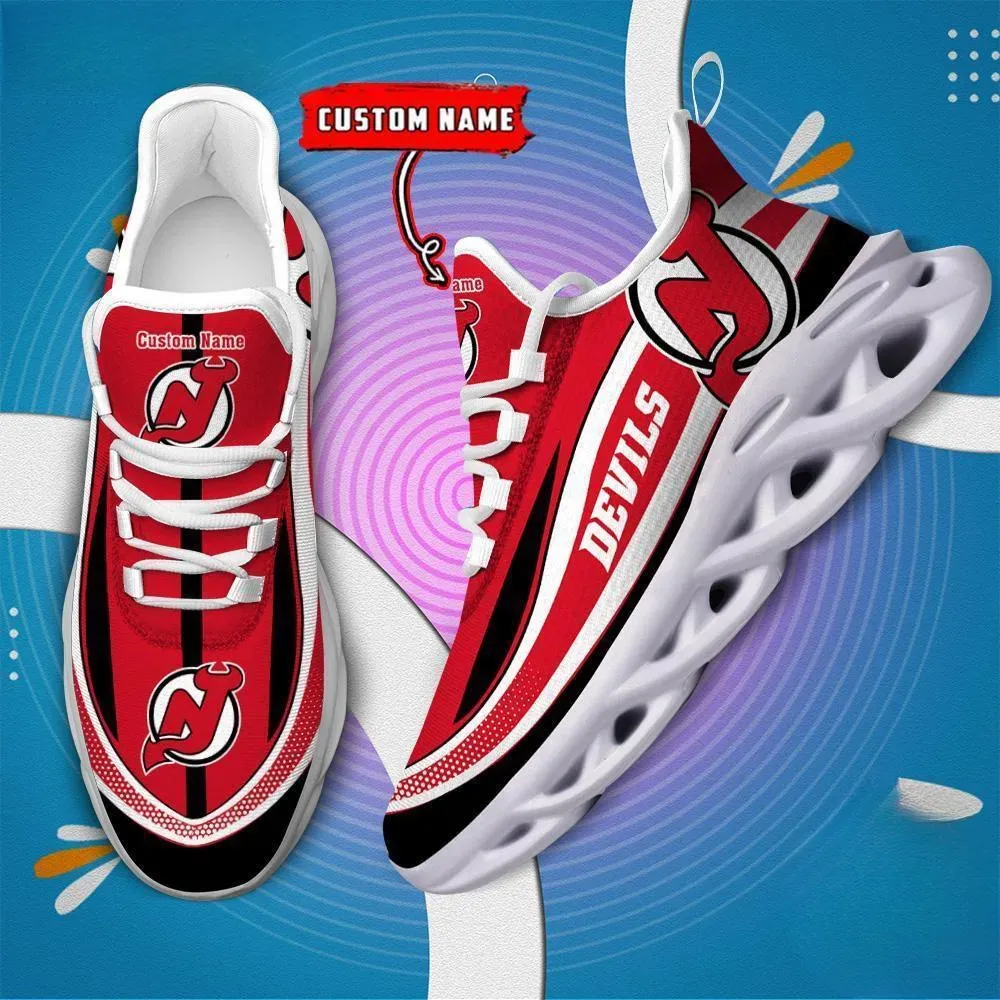 NHL New Jersey Devils Clunky Max Soul Shoes, Personalized Custom Name Hockey Sneakers, Red Black Chunky Sole Fan Trainers for Men Women