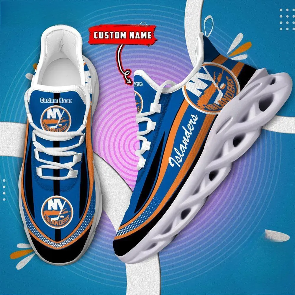 NHL New York Islanders Clunky Max Soul Shoes, Personalized Custom Name Ice Hockey Sneakers, Blue Orange Fan Lace-Up Trainers, Gift for Him