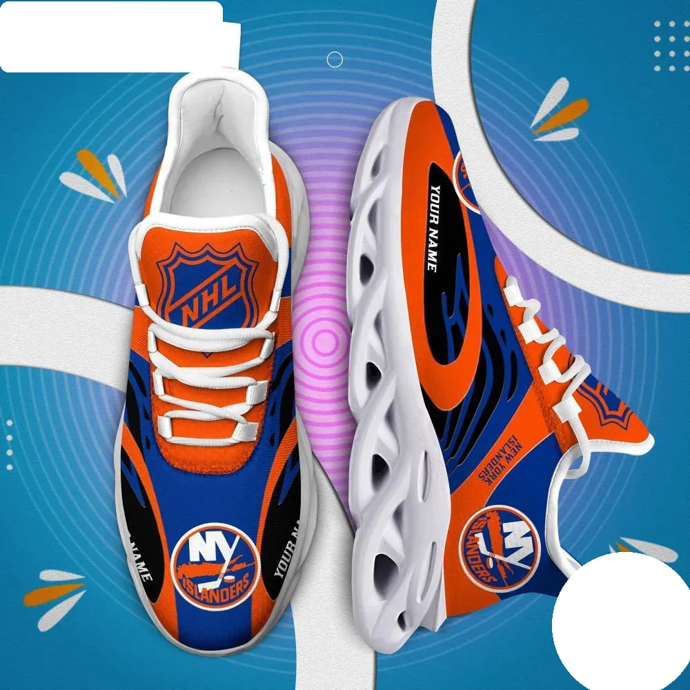 NHL New York Islanders Personalized Max Soul Shoes, Custom Name Hockey Sneakers, Orange Blue Sports Fan Lace-Up Trainers for Men Women