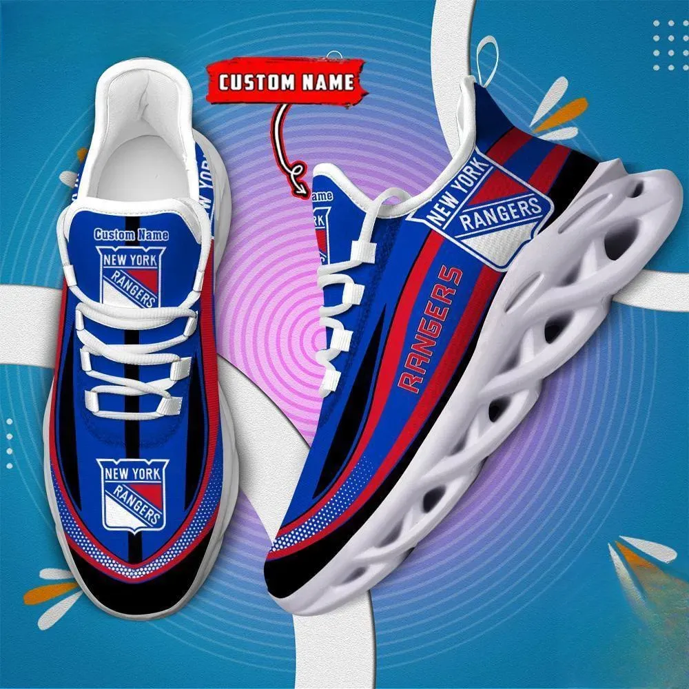 NHL New York Rangers Clunky Max Soul Shoes, Personalized Custom Name Hockey Sneakers, Royal Blue Red Fan Running Trainers, Game Night Gift