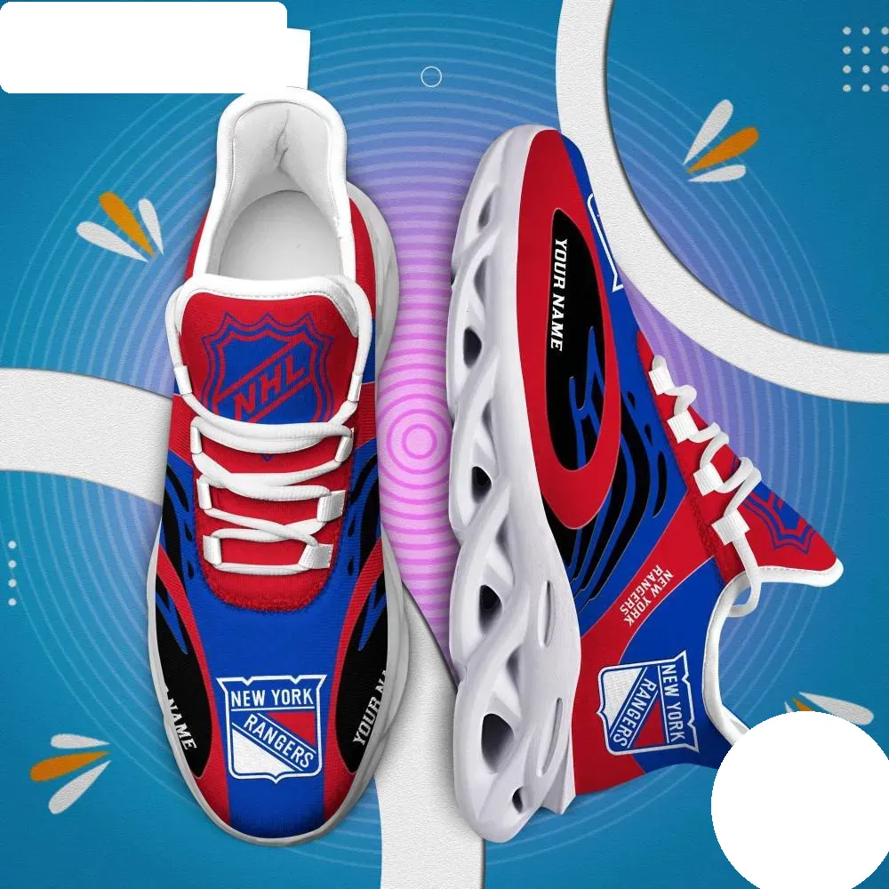 NHL New York Rangers Personalized Max Soul Shoes, Custom Name Ice Hockey Sneakers, Red Royal Blue Fan Running Trainers, Game Night Gift