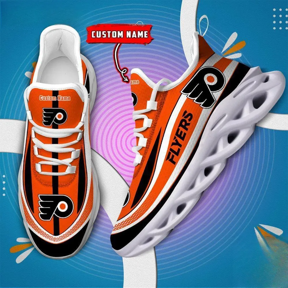 NHL Philadelphia Flyers Clunky Max Soul Shoes, Personalized Custom Name Hockey Sneakers, Orange Black Sports Fan Running Trainers, Gift for Dad