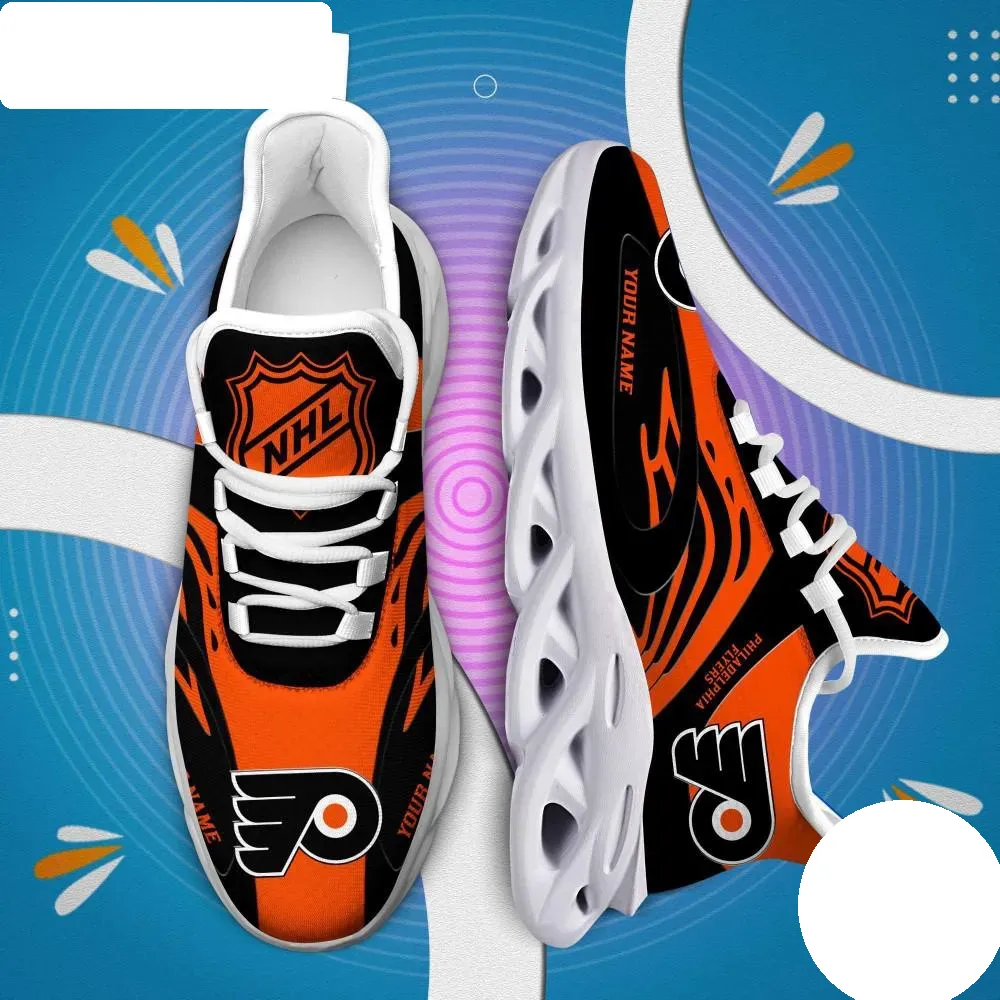 NHL Philadelphia Flyers Personalized Max Soul Shoes, Custom Name Hockey Sneakers in Orange and Black, Gift for Broad Street Fans