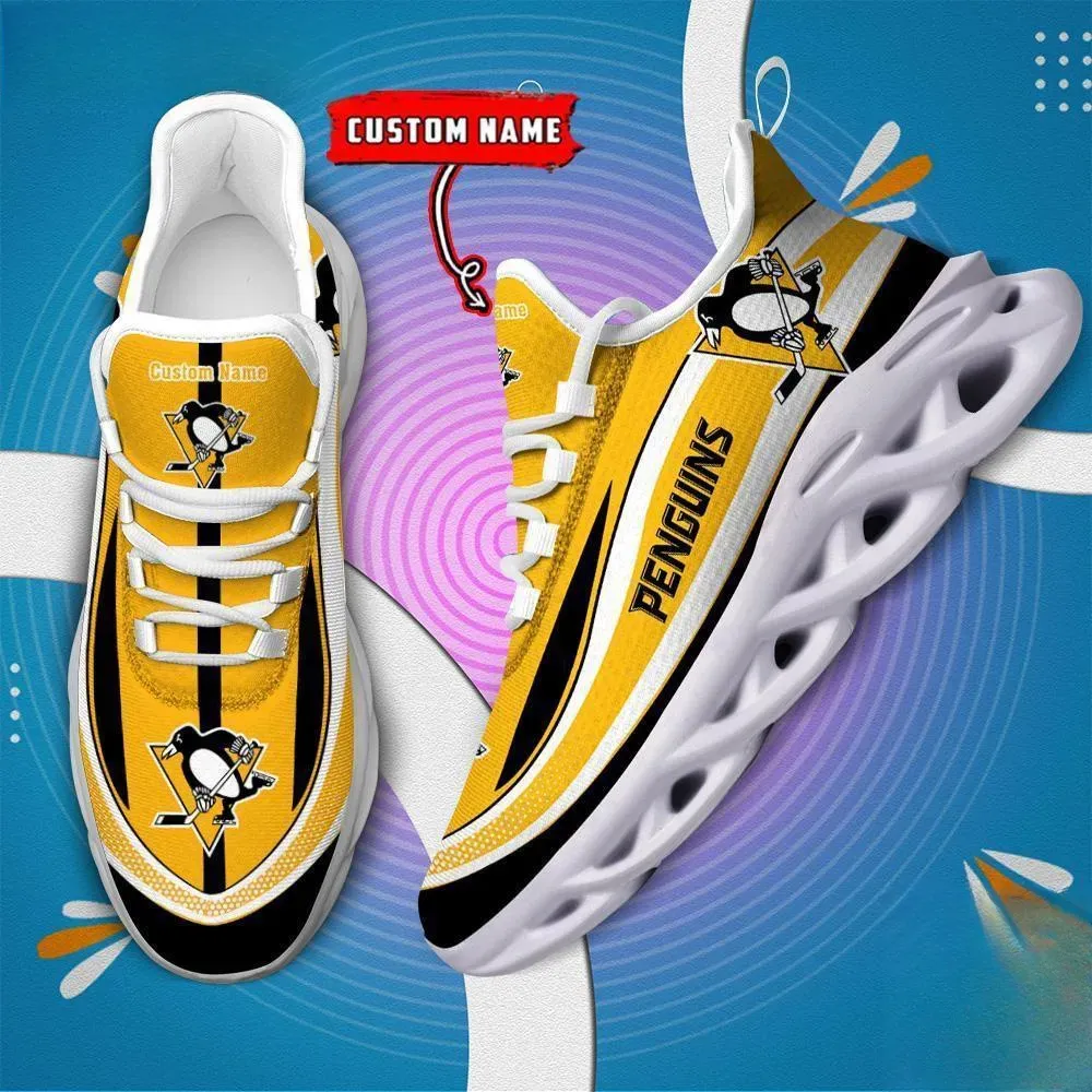 NHL Pittsburgh Penguins Clunky Max Soul Shoes, Personalized Custom Name Ice Hockey Sneakers, Yellow Black Fan Lace-Up Trainers for Men Women