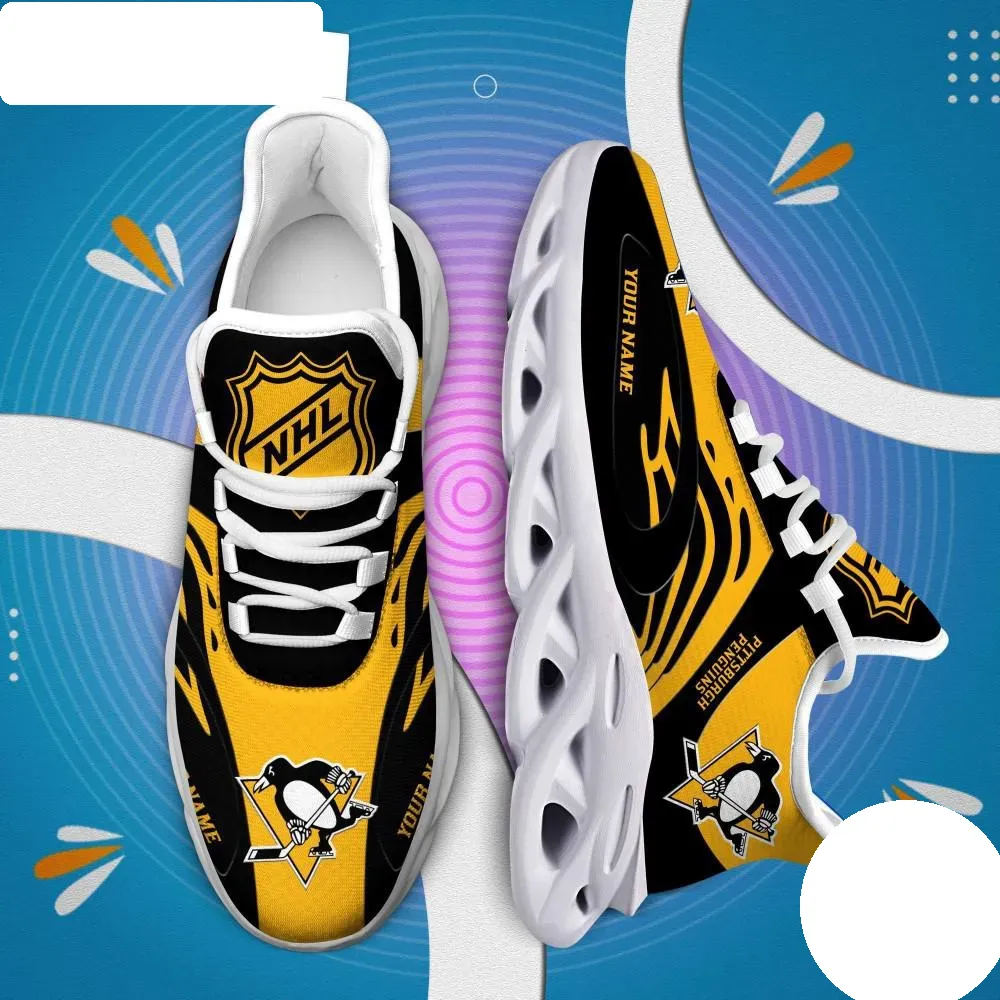 NHL Pittsburgh Penguins Personalized Max Soul Shoes, Custom Name Ice Hockey Sneakers, Black Gold Sports Fan Trainers for Men and Women