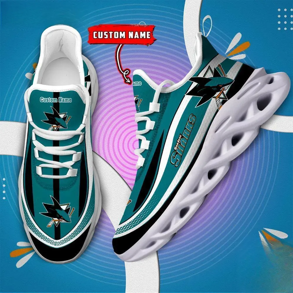 NHL San Jose Sharks Clunky Max Soul Shoes, Personalized Custom Name Hockey Sneakers, Teal Chunky Sole Fan Walking Trainers, Gift for Him