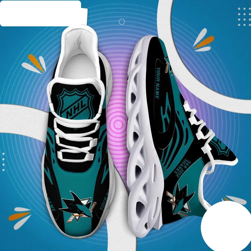 NHL San Jose Sharks Personalized Max Soul Shoes, Custom Name Hockey Fan Sneakers, Teal Black Running Trainers, Game Night Gift for Dad