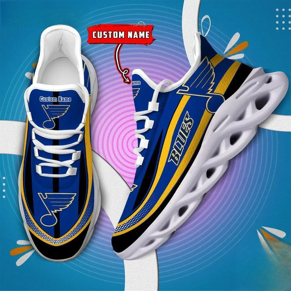 NHL St. Louis Blues Clunky Max Soul Shoes, Personalized Custom Name Ice Hockey Sneakers, Gold Striped Fan Running Trainers, Game Night Gift
