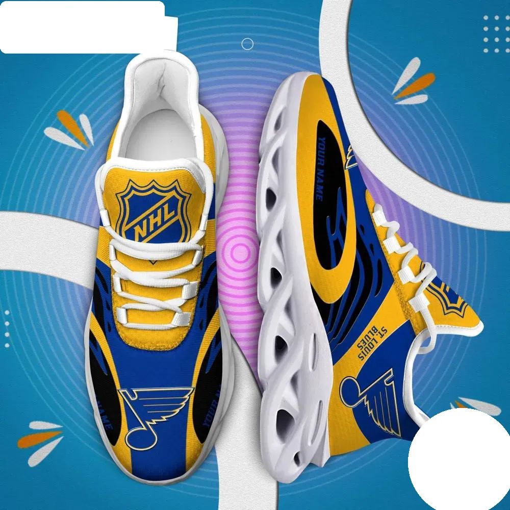NHL St. Louis Blues Personalized Max Soul Shoes, Custom Name Ice Hockey Sneakers, Yellow Lace-Up Fan Walking Trainers for Men and Women