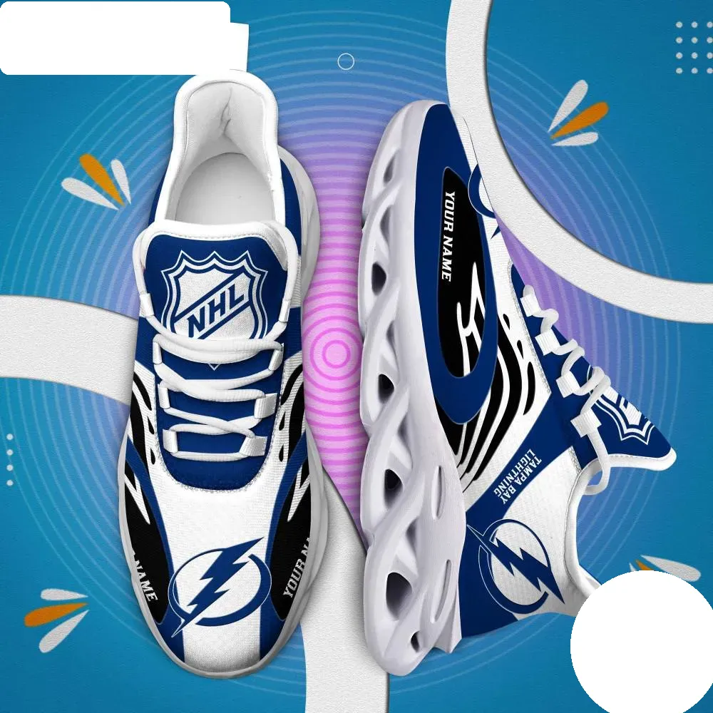 NHL Tampa Bay Lightning Personalized Max Soul Shoes, Custom Name Hockey Sneakers, Blue White Sports Running Trainers, Fan Gift for Him