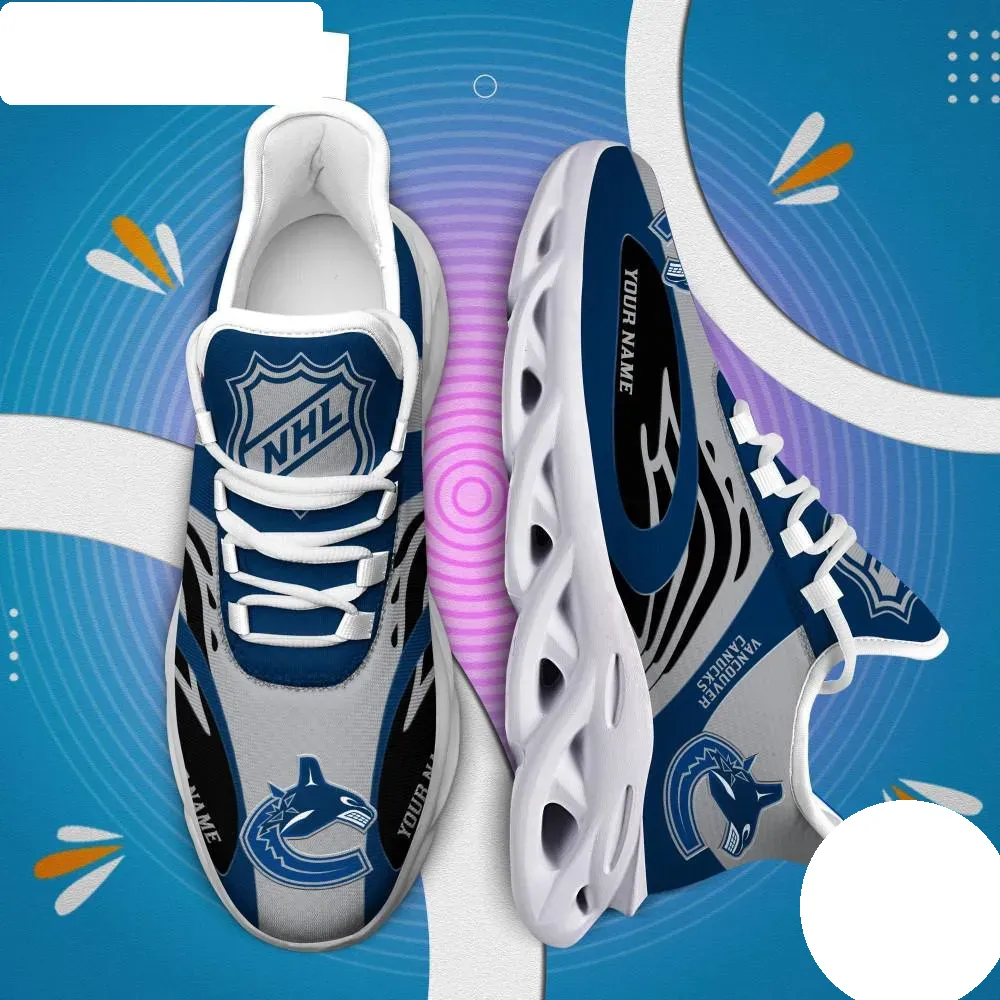 NHL Vancouver Canucks Personalized Max Soul Shoes, Custom Name Ice Hockey Sneakers, Blue Silver Sports Fan Trainers, Game Night Gift