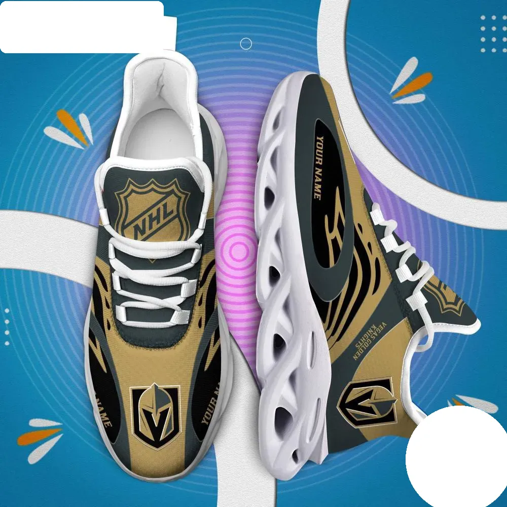 NHL Vegas Golden Knights Personalized Max Soul Shoes, Custom Name Hockey Fan Sneakers, Gold Grey Lace-Up Running Trainers for Men Women