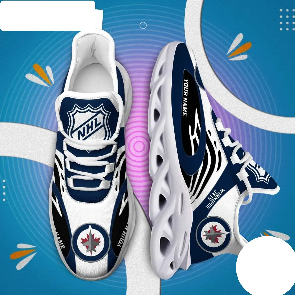 NHL Winnipeg Jets Personalized Max Soul Shoes, Custom Name Ice Hockey Sneakers, Navy White Fan Running Trainers for Men and Women