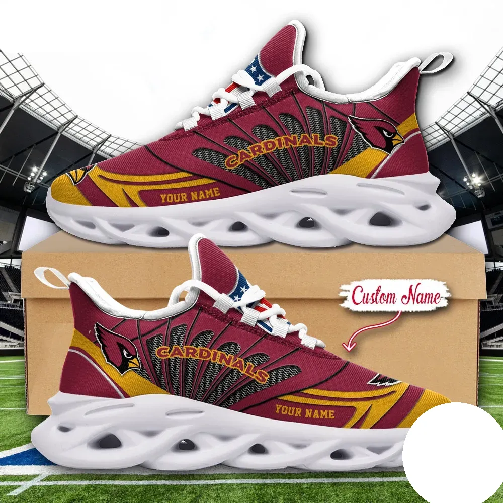 NFL Arizona Cardinals Max Soul Shoes Custom Name, Personalized Football Running Sneakers, Burgundy Gold Sports Fan Gift for Men Women