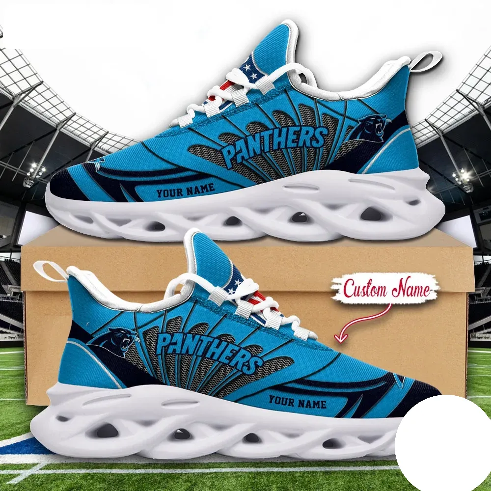 NFL Carolina Panthers Max Soul Shoes, Custom Name Football Sneakers, Personalized Sports Fan Gift, Blue and Black Game Day Running Footwear