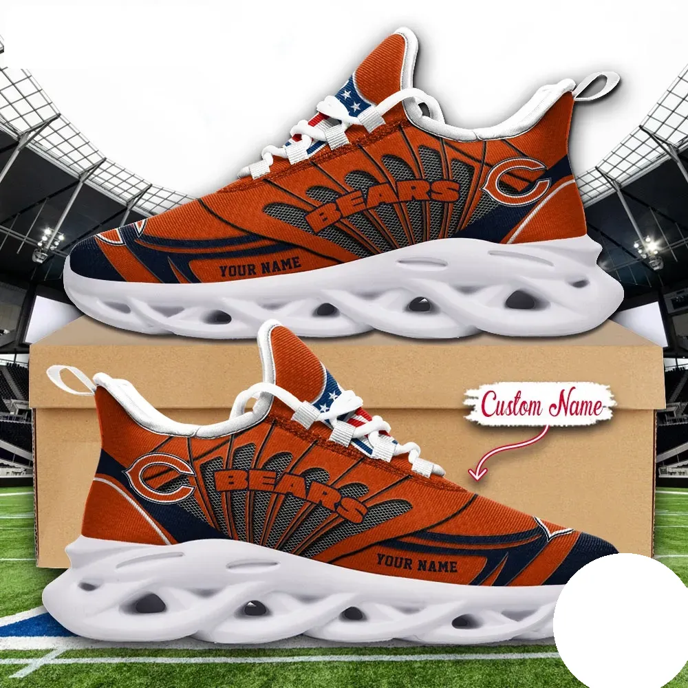 NFL Chicago Bears Max Soul Shoes, Custom Name Football Sneakers, Personalized Sports Fan Gift, Orange and Navy Game Day Running Footwear
