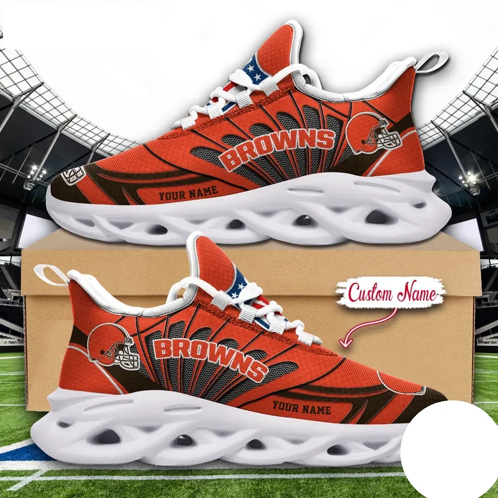 NFL Cleveland Browns Max Soul Shoes, Custom Name Football Sneakers, Personalized Dawg Pound Sports Gift, Orange and Brown Footwear