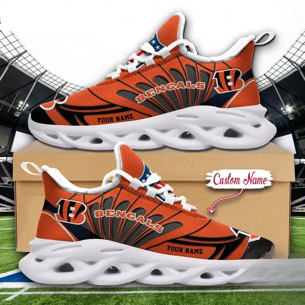NFL Cincinnati Bengals Max Soul Shoes Custom Name, Personalized Football Sneakers, Orange and Black Tiger Stripe Game Day Fan Gift