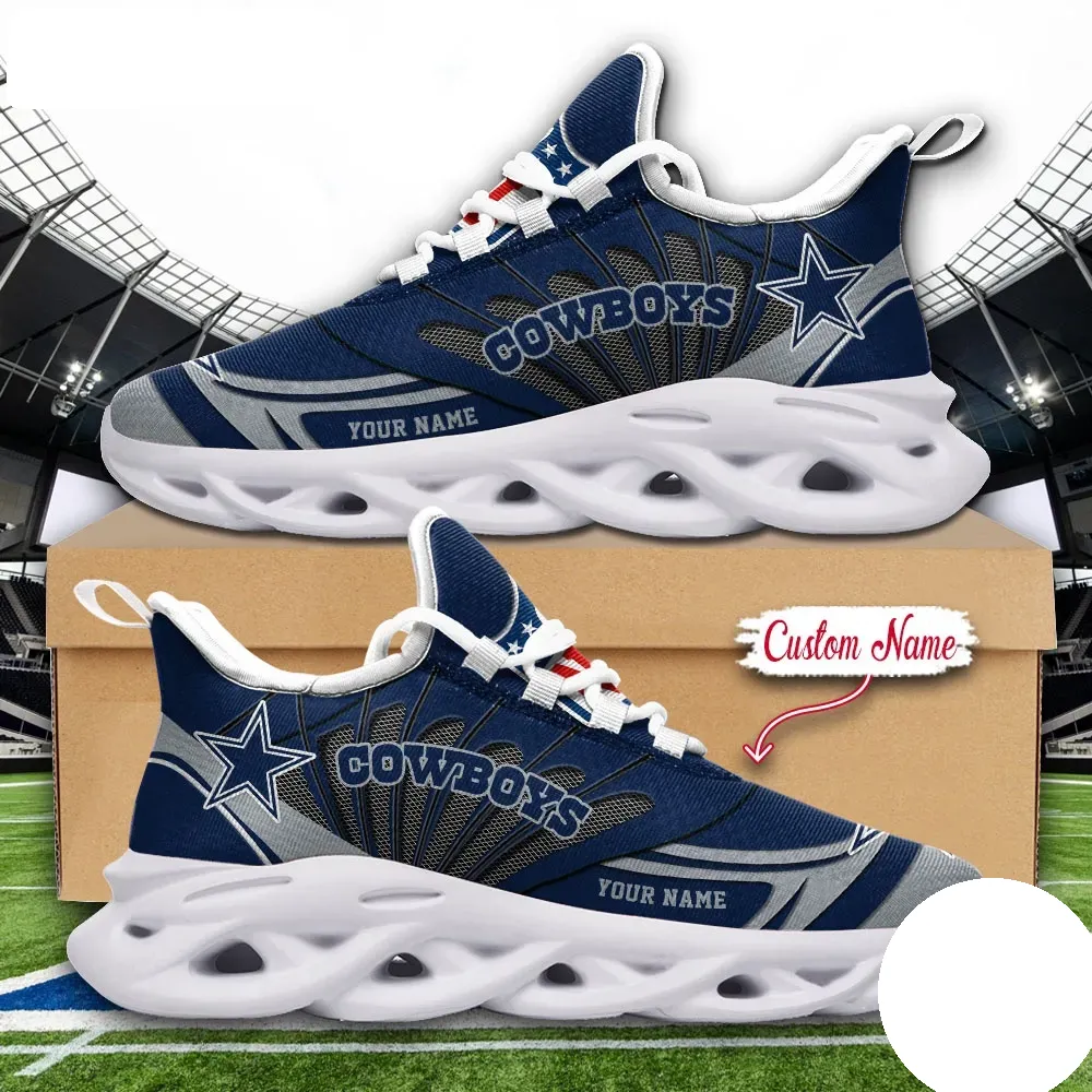 NFL Dallas Cowboys Max Soul Shoes, Custom Name Football Sneakers, Personalized Sports Fan Gift, Navy and Silver Game Day Running Footwear