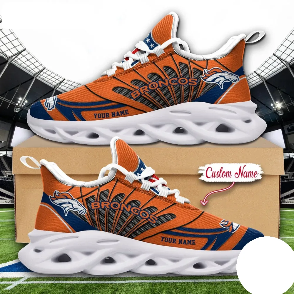 NFL Denver Broncos Max Soul Shoes, Custom Name Football Sneakers, Personalized Sports Fan Gift, Orange and Navy Game Day Running Footwear
