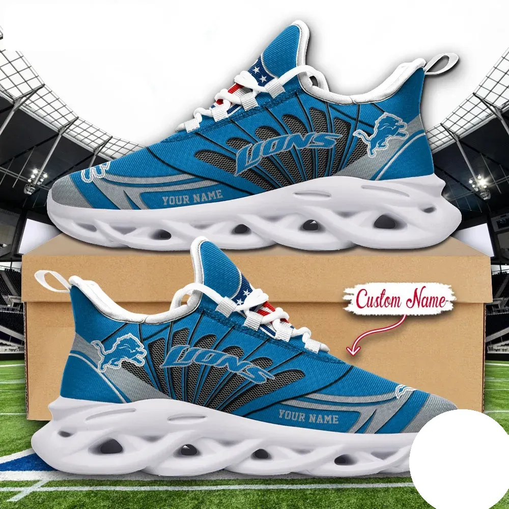 NFL Detroit Lions Max Soul Shoes, Custom Name Football Sneakers, Personalized Sports Fan Gift, Honolulu Blue and Silver Game Day Footwear