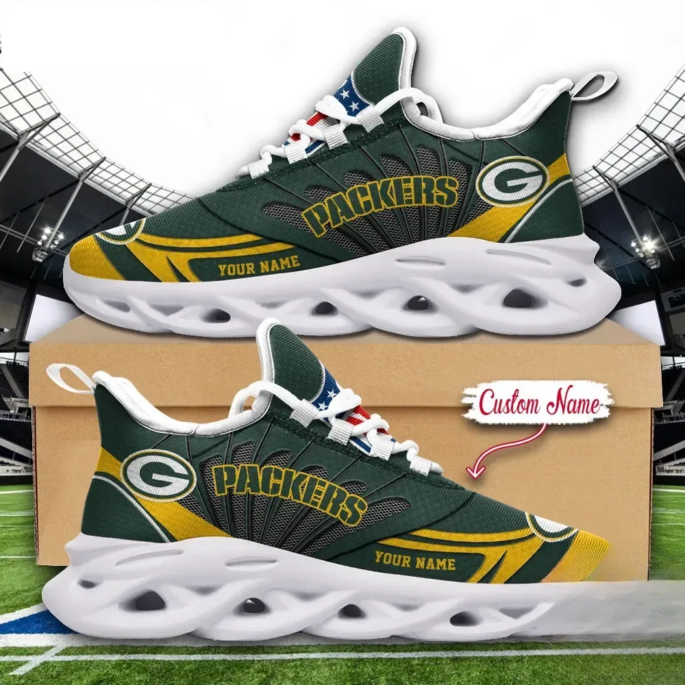 NFL Green Bay Packers Custom Name Max Soul Shoes, Personalized Green and Gold Football Sneakers, Packers Fan Running Shoes for Game Day