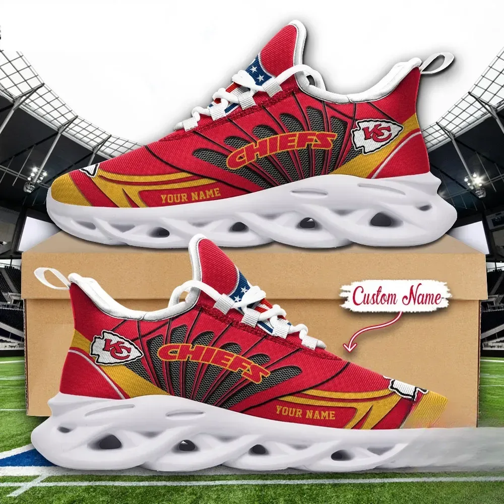 NFL Kansas City Chiefs Max Soul Shoes Custom Name, Personalized Football Fan Sneakers, Red and Gold Arrowhead Game Day Gift for Men Women