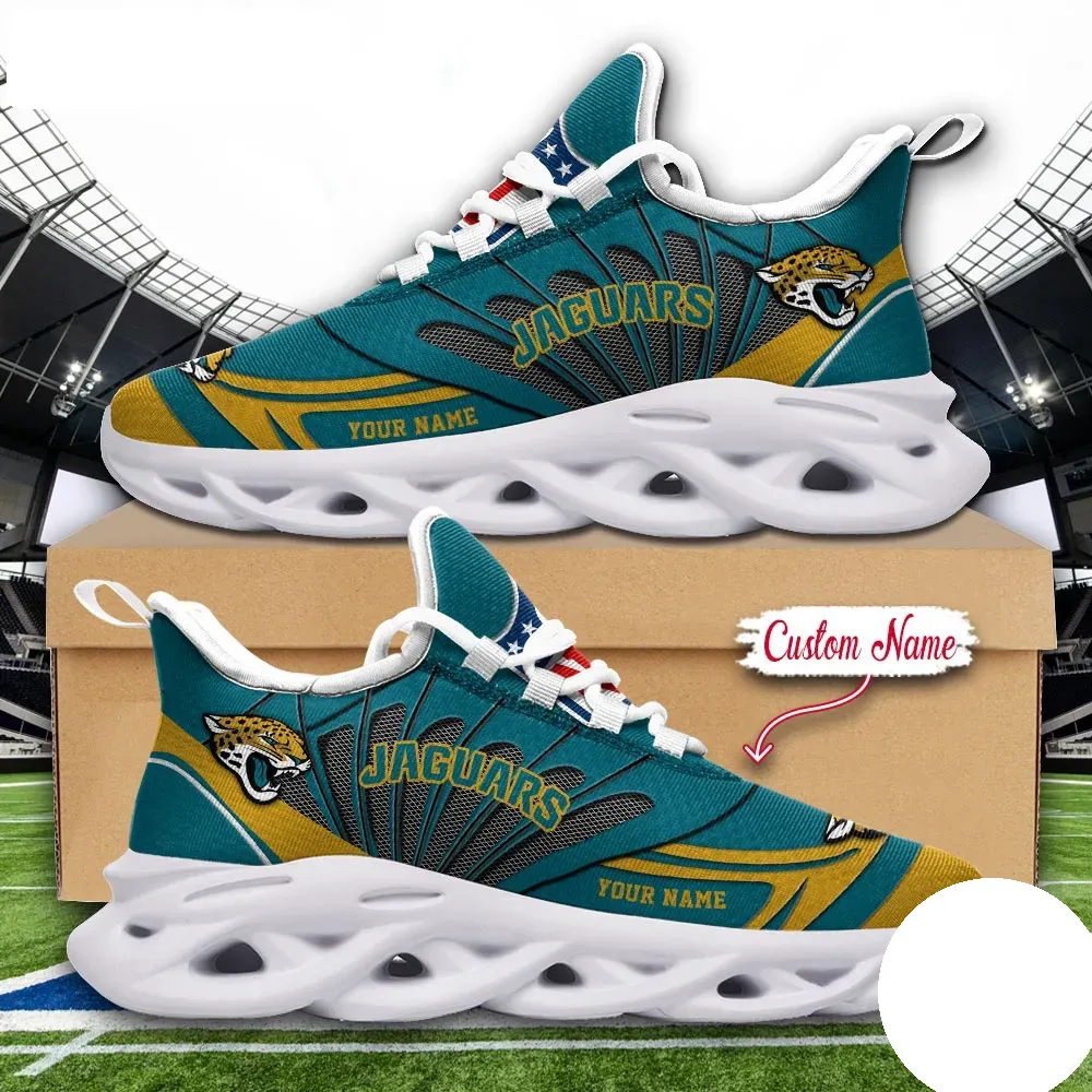 NFL Jacksonville Jaguars Max Soul Shoes, Custom Name Football Sneakers, Personalized Duval Sports Gift, Teal and Gold Game Day Footwear
