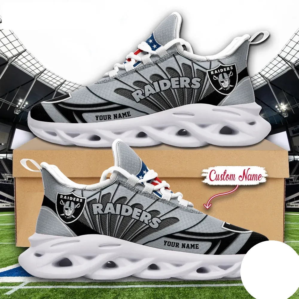 NFL Las Vegas Raiders Max Soul Shoes, Custom Name Football Sneakers, Personalized Raider Nation Sports Gift, Silver and Black Footwear