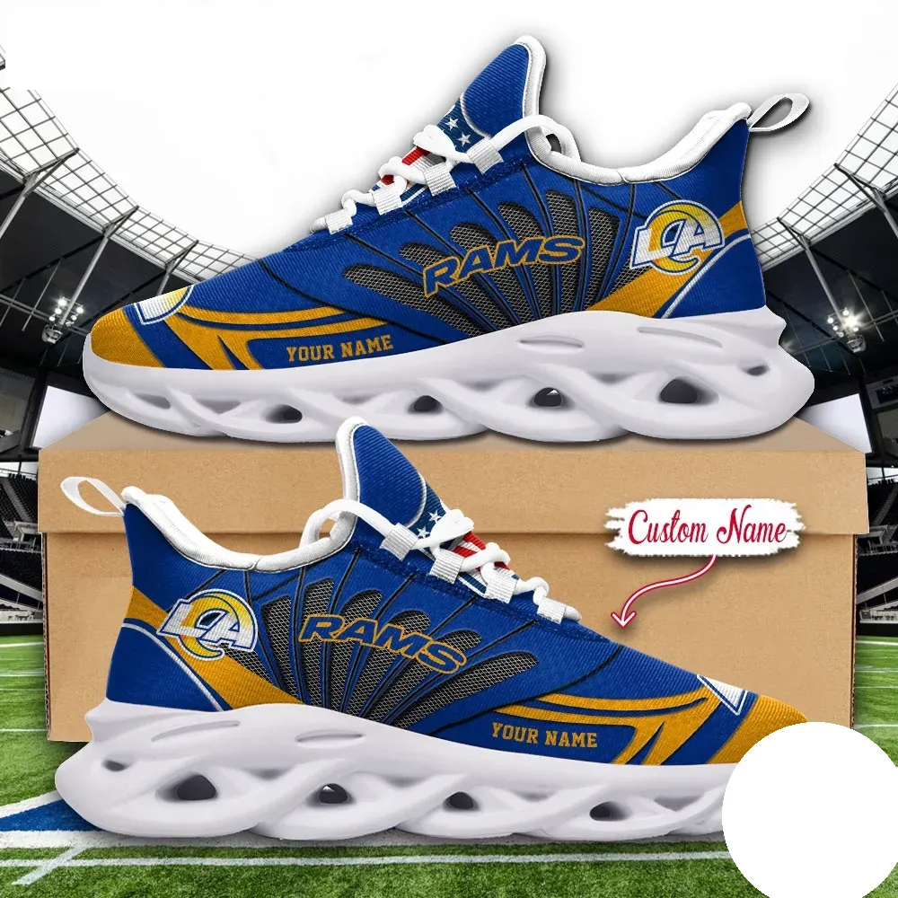 NFL Los Angeles Rams Max Soul Shoes, Custom Name Football Sneakers, Personalized Sports Fan Gift, Royal Blue and Yellow Game Day Footwear