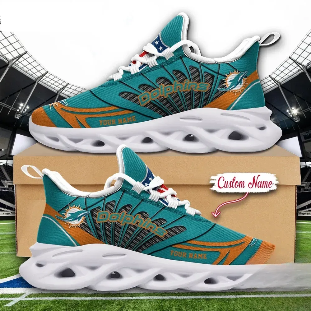 NFL Miami Dolphins Max Soul Shoes Custom Name, Personalized Football Sneakers, Aqua and Orange Game Day Lace-Up Fan Gift for Men Women