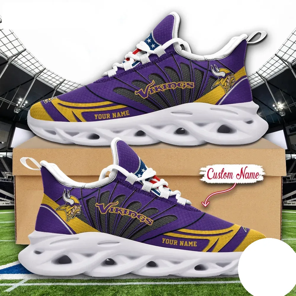 NFL Minnesota Vikings Max Soul Shoes, Custom Name Football Sneakers, Personalized Skol Sports Gift, Purple and Gold Game Day Footwear