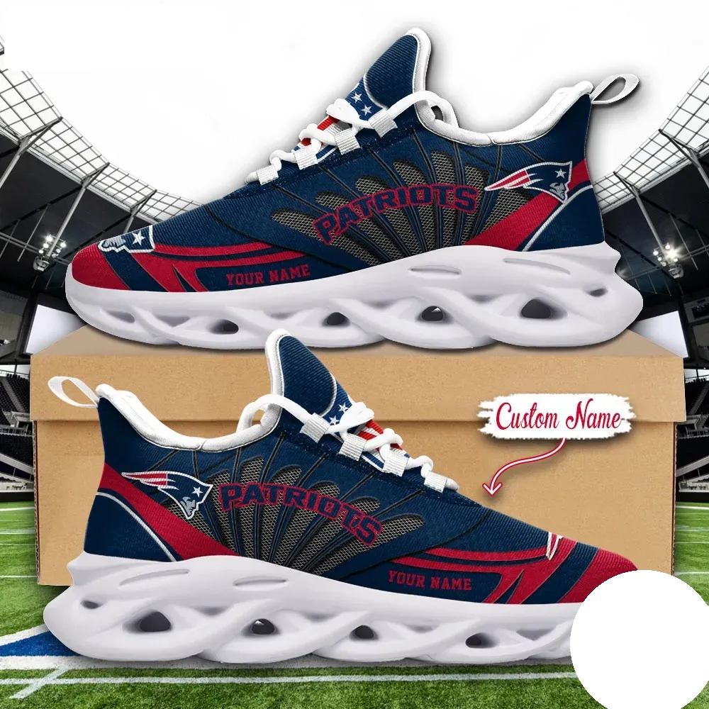 NFL New England Patriots Max Soul Shoes, Custom Name Football Sneakers, Personalized Pats Sports Gift, Navy and Red Game Day Footwear