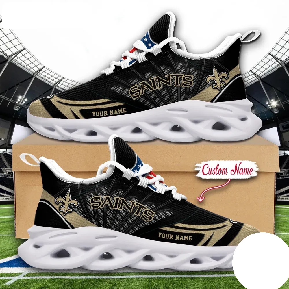 NFL New Orleans Saints Max Soul Shoes, Custom Name Football Sneakers, Personalized Who Dat Sports Gift, Black and Gold Game Day Footwear