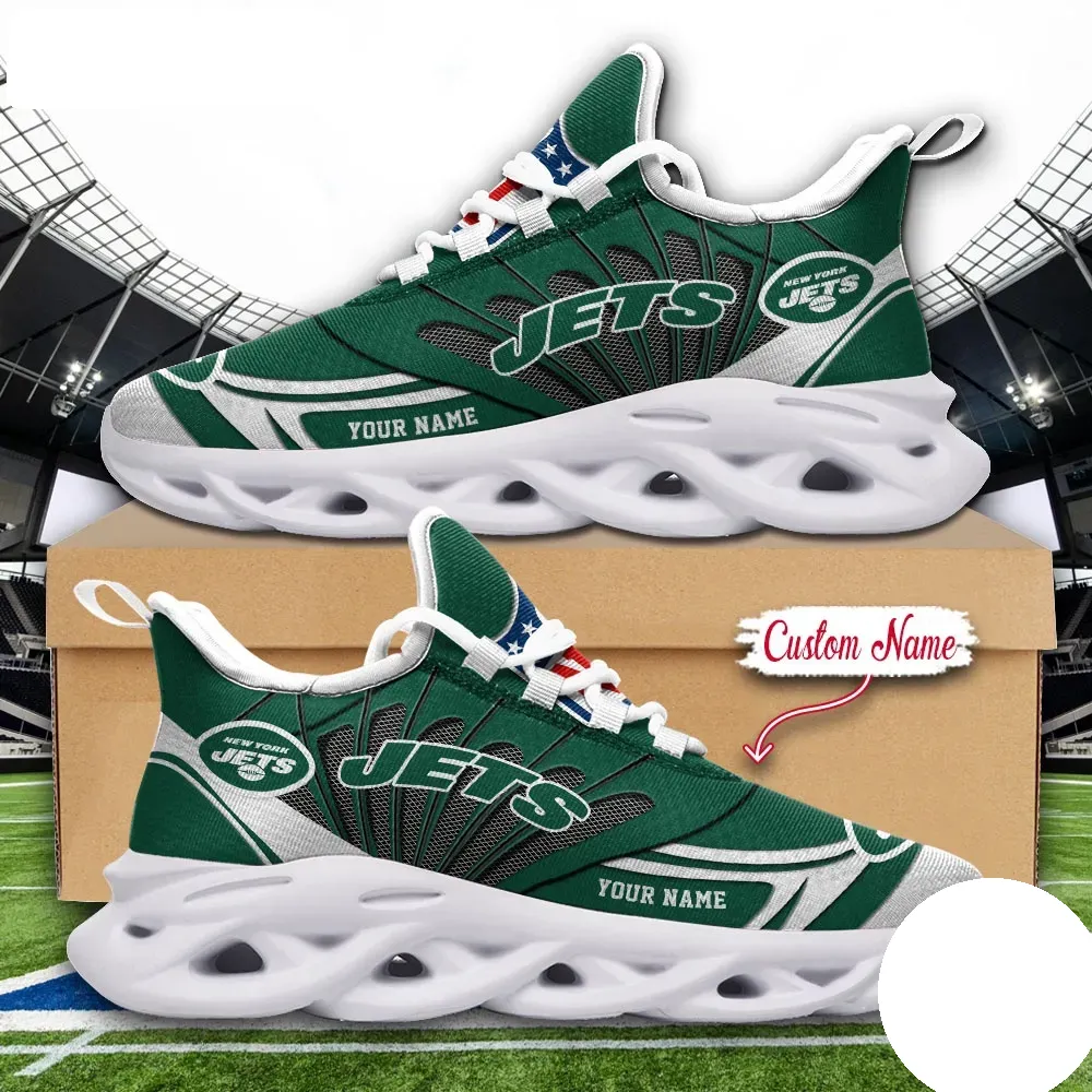 NFL New York Jets Max Soul Shoes, Custom Name Football Sneakers, Personalized Sports Fan Gift, Green and White Game Day Running Footwear