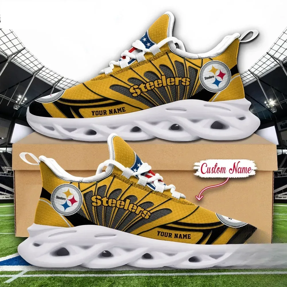 NFL Pittsburgh Steelers Max Soul Shoes Custom Name, Personalized Football Fan Sneakers, Black and Gold Sports Lace-Up Gift for Men Women