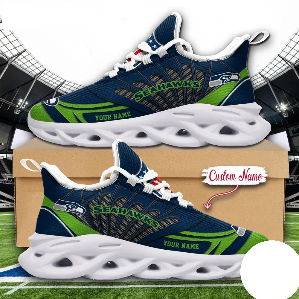 NFL Seattle Seahawks Max Soul Shoes, Custom Name Football Sneakers, Personalized Sports Gift for 12s, Navy and Green Game Day Footwear