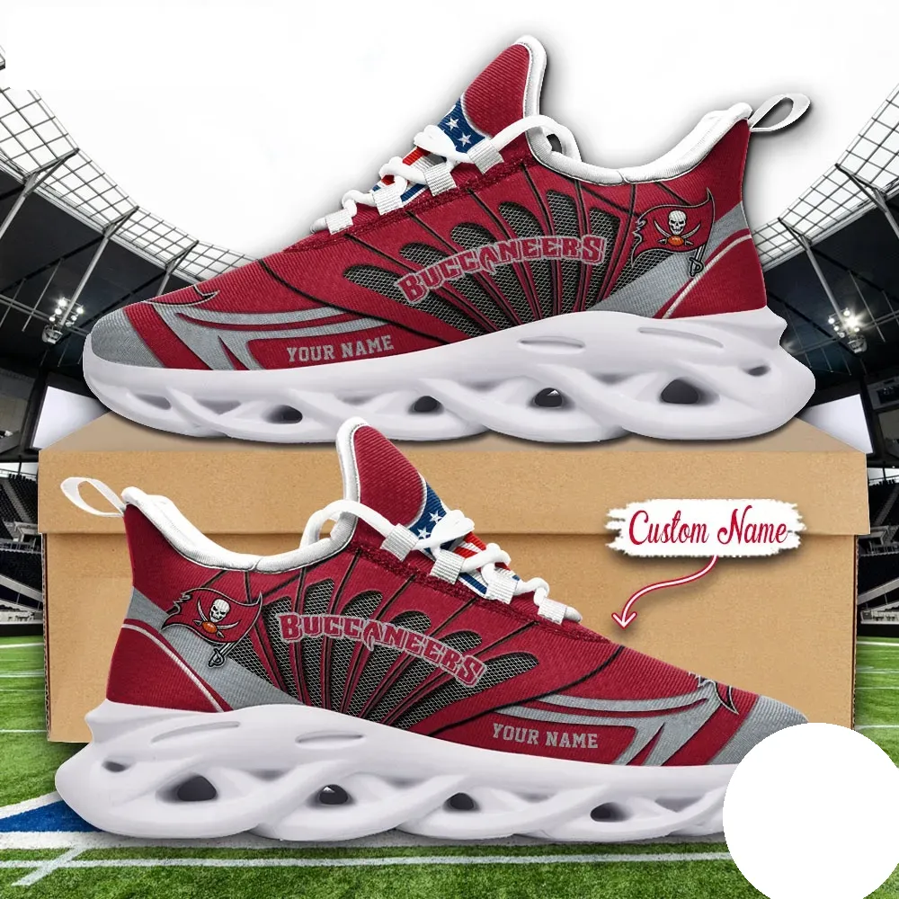 NFL Tampa Bay Buccaneers Max Soul Shoes, Custom Name Football Sneakers, Personalized Bucs Sports Gift, Red and Pewter Game Day Footwear