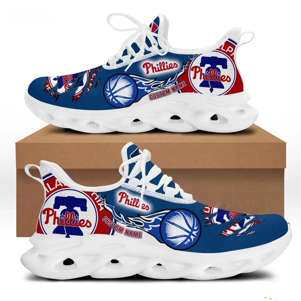 MLB Philadelphia Phillies 2024 Baseball Max Soul Shoes with Custom Name, Personalized Fan Sneakers, Red and Blue Lace-Up Gift for Men Women