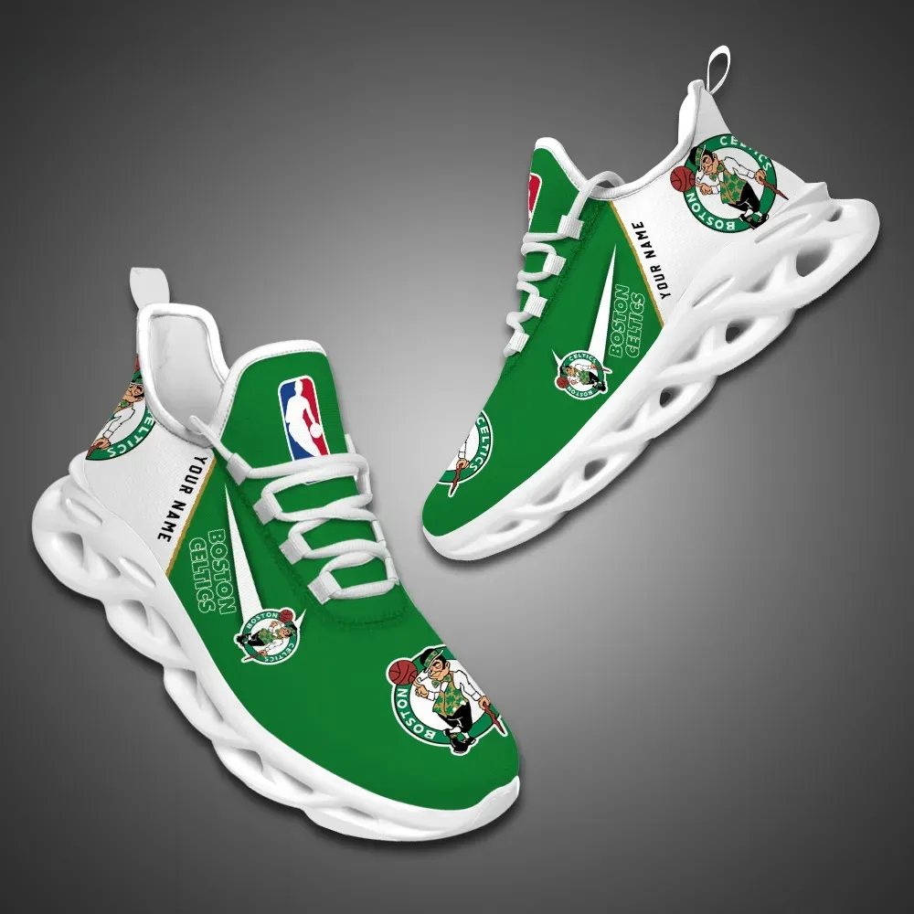 Boston Celtics 2024 NBA Finals Champions Personalized Max Soul Shoes, Custom Name Basketball Fan Sneakers, Green and White Lace-Up Trainers