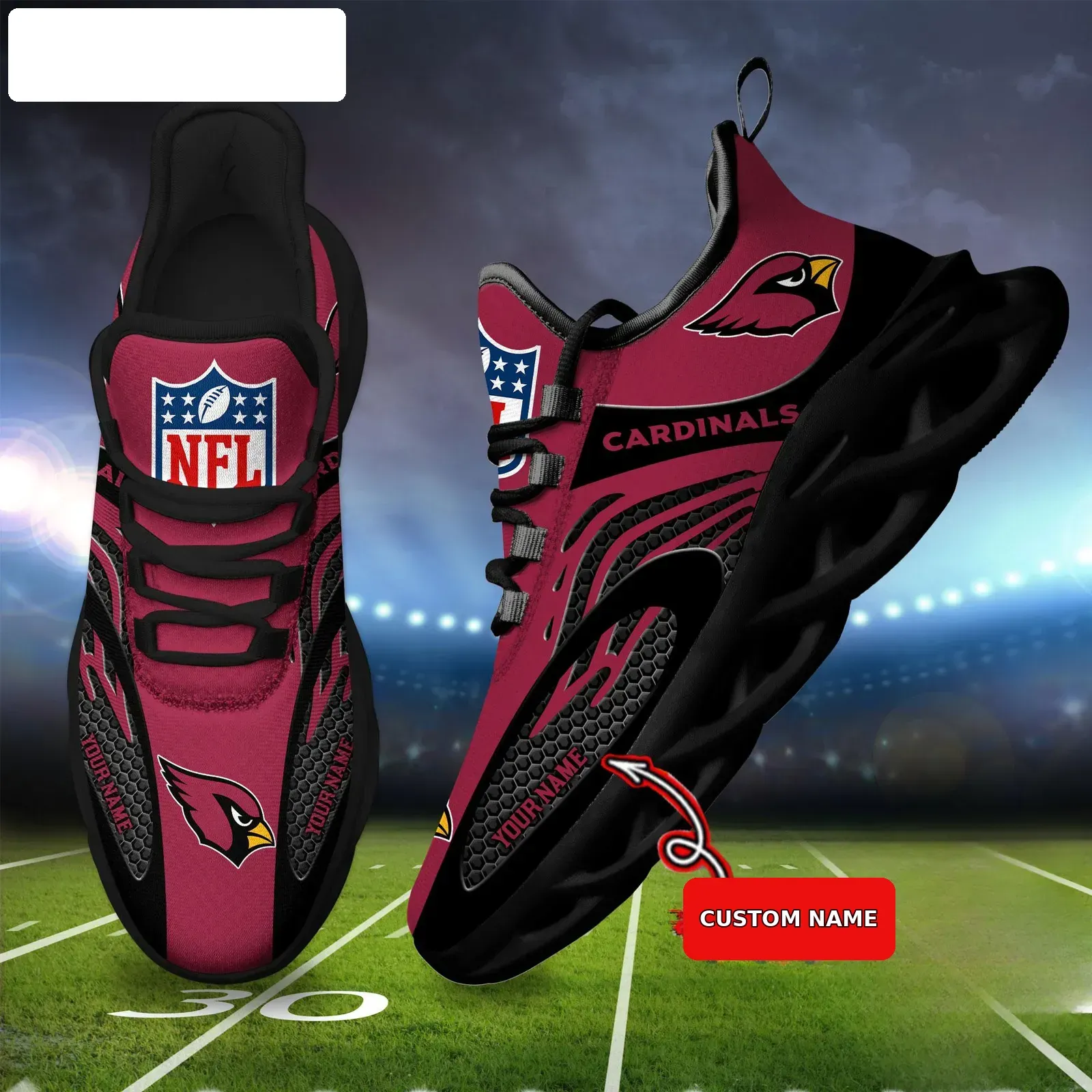 NFL Arizona Cardinals Custom Name Max Soul Shoes, Personalized Cardinal Red Black Football Sneakers, Desert Fan Running Gift