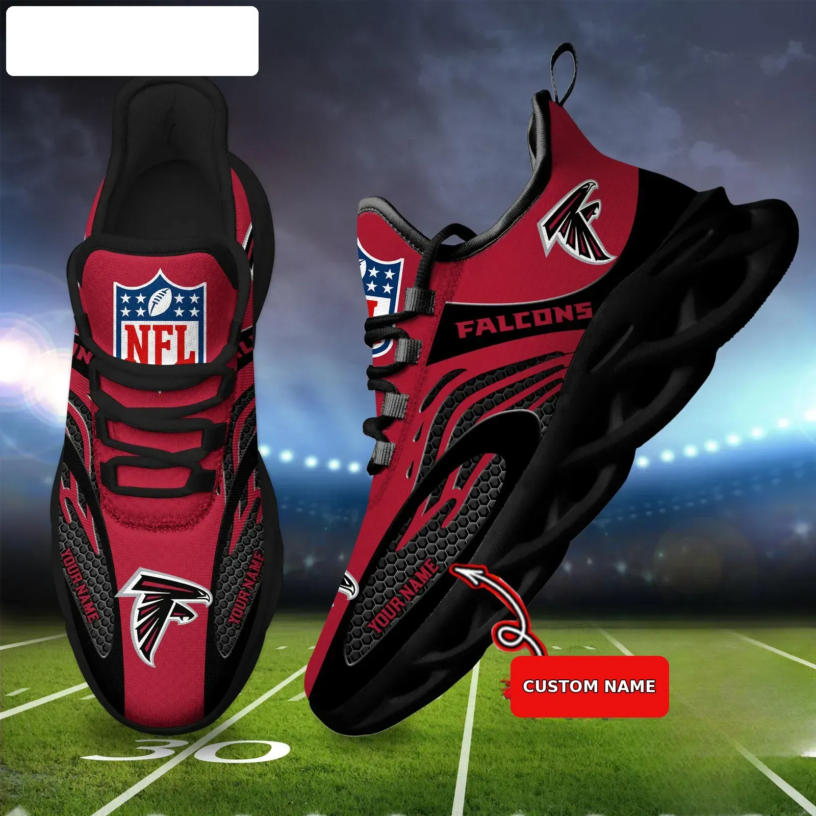 NFL Atlanta Falcons Custom Name Max Soul Shoes, Personalized Red Black Football Sneakers, Rise Up Running Gift for Fans on Game Day