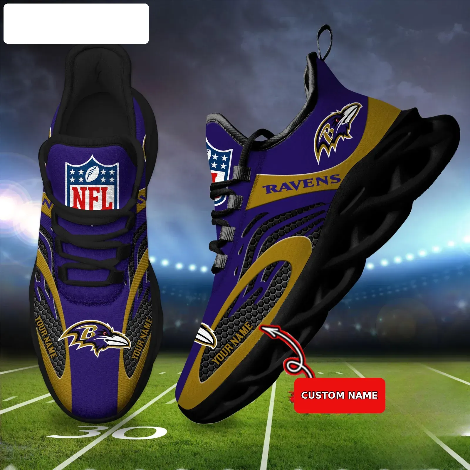 NFL Baltimore Ravens Custom Name Max Soul Shoes, Personalized Purple Gold Football Sneakers, Flock Fan Running Gift for Game Day