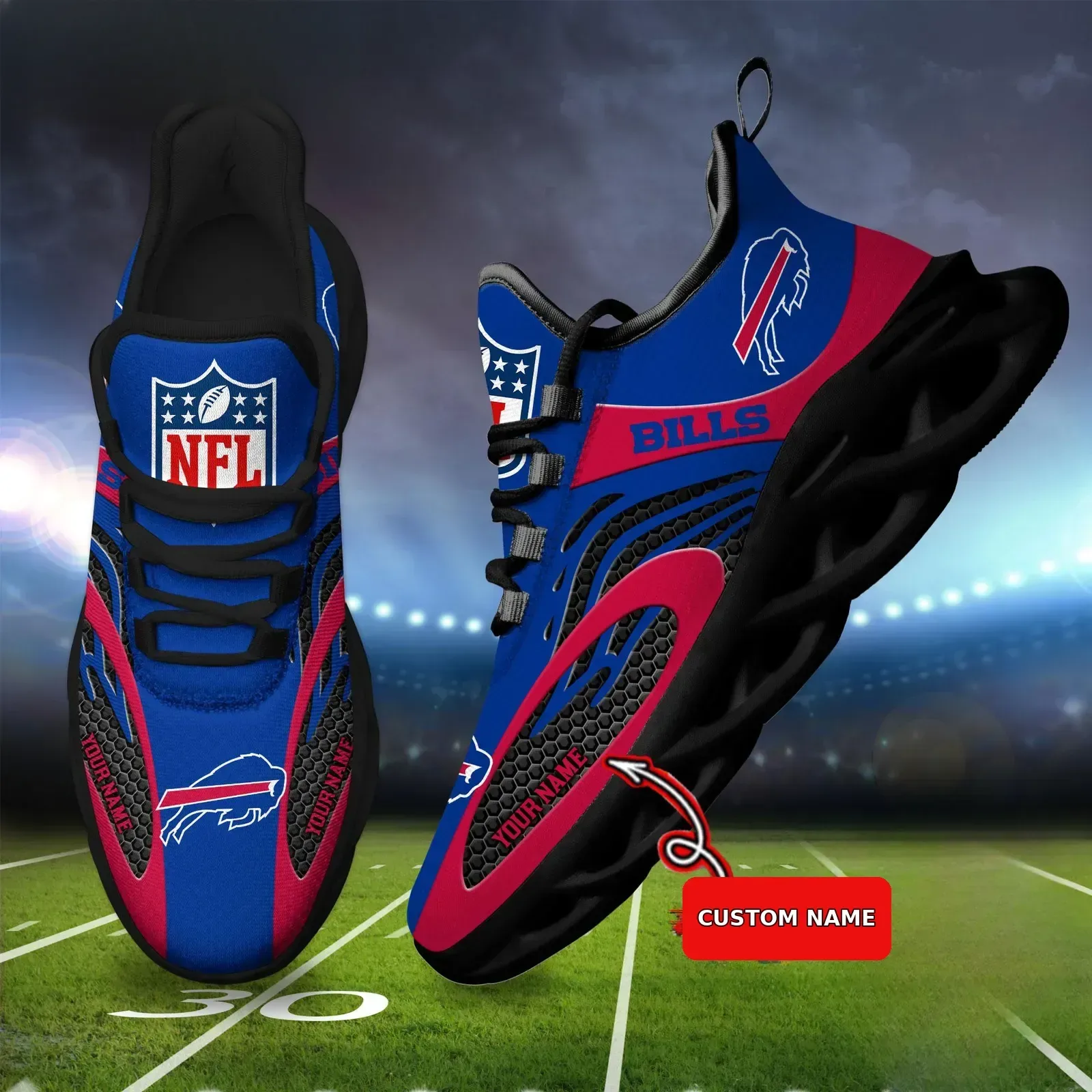 NFL Buffalo Bills Team Logo Custom Name Max Soul Shoes, Personalized Royal Blue and Red Football Sneakers, Bills Fan Running Shoes
