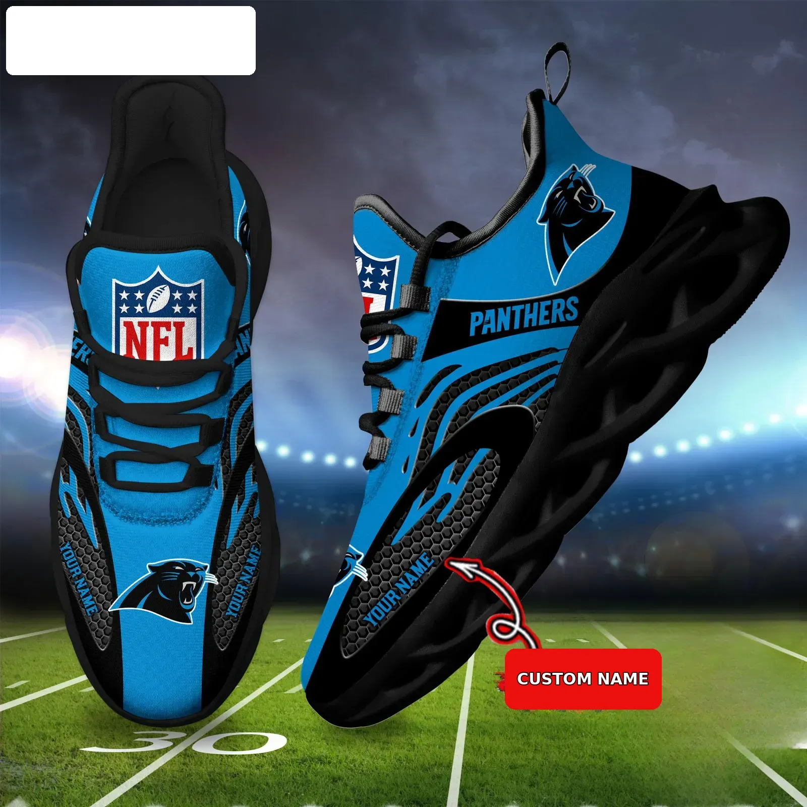 NFL Carolina Panthers Custom Name Max Soul Shoes, Personalized Blue Black Football Sneakers, Keep Pounding Running Gift for Fans